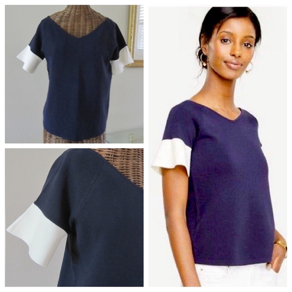 NWT Ann Taylor Women’s Colorblock Ruffle Blue & White Double V Sweater Size M